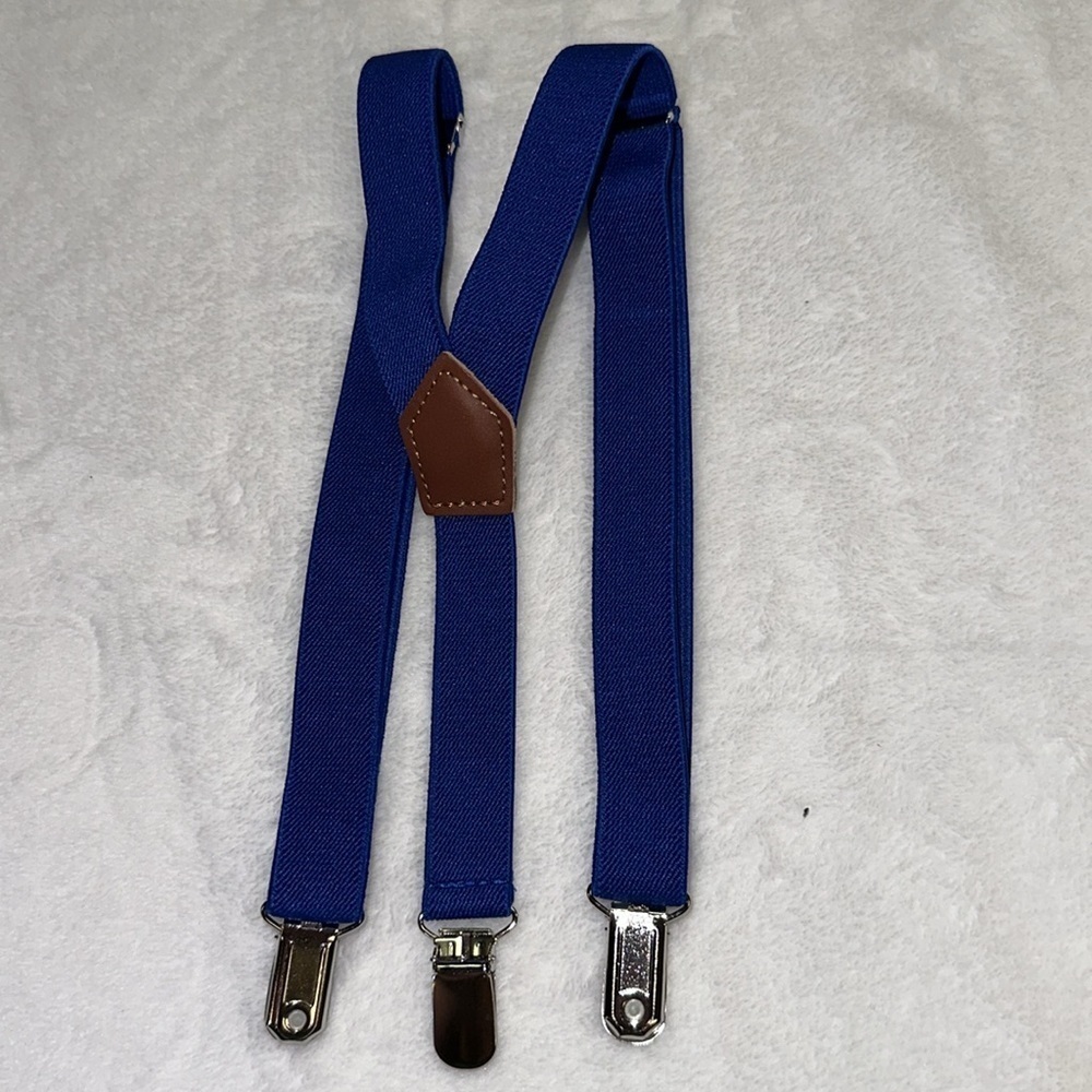 Boys Blue Elastic Suspenders W/Brown Leather At Y Silver Clasps EUC